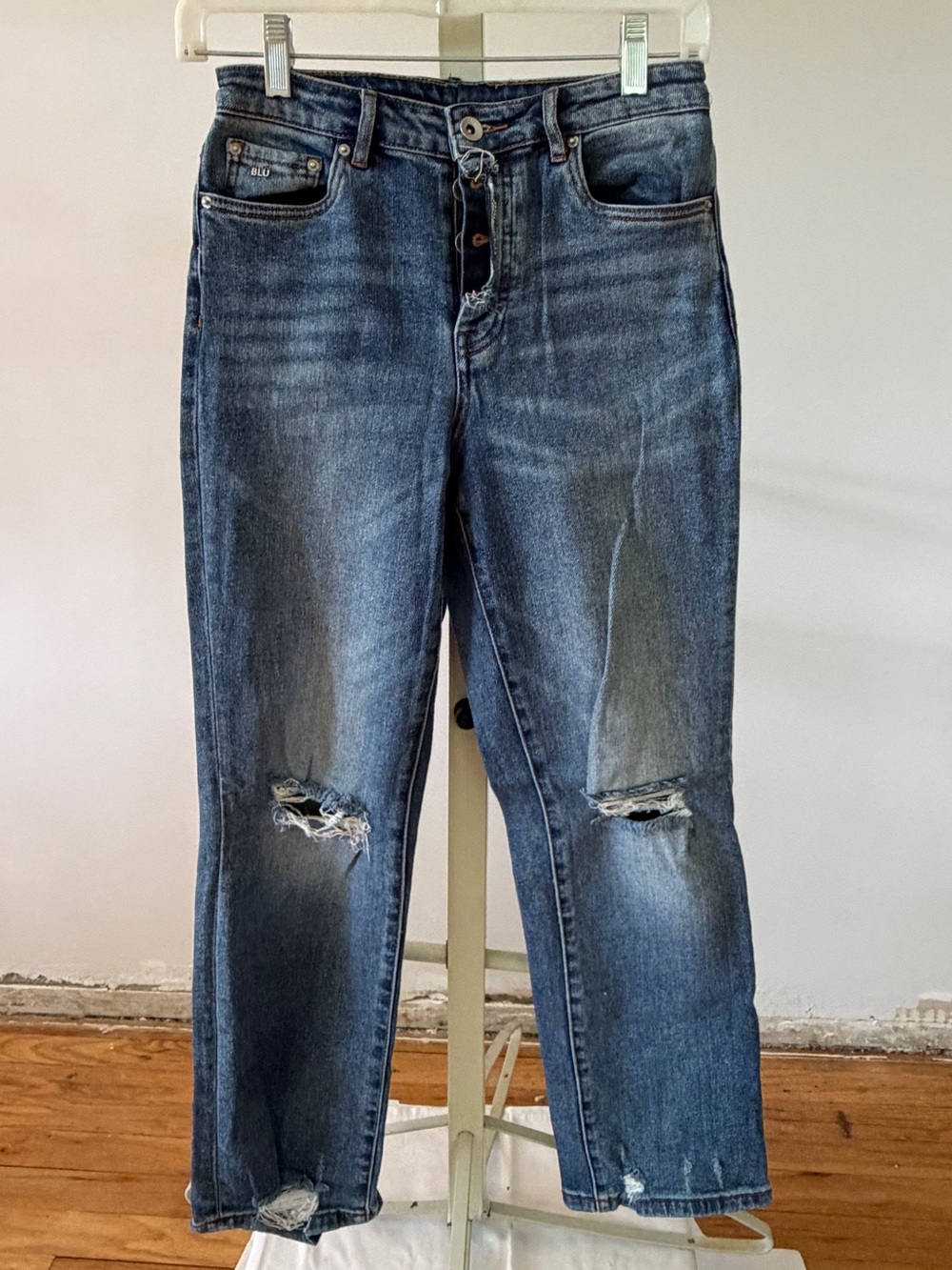 Distressed Button-Fly Blue Jeans